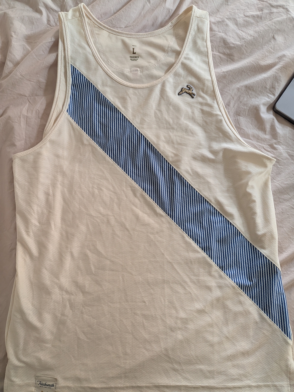 Tracksmith Large Men Van Cortland Singlet - Cream Tank with Blue Diagonal Stripe